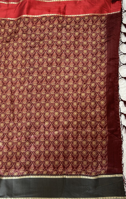 Semi Tussar Saree Magenta Color Complemented with a Gray Zari Border. - Sampradaya Designer Studio