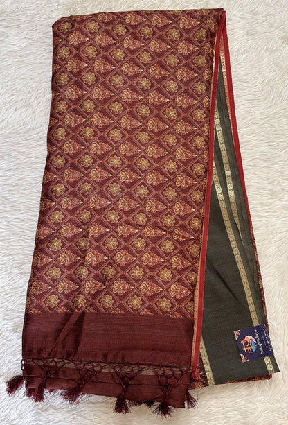 Semi Tussar Saree Magenta Color Complemented with a Gray Zari Border. - Sampradaya Designer Studio