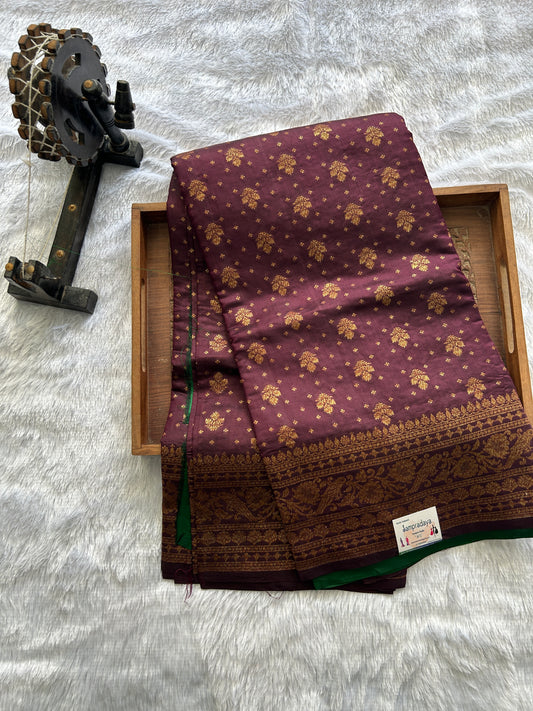 Pure Chiniya Silk Saree Wine Colored Elegantly Paired with a Gold Zari Border. Purple
