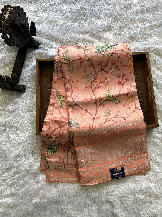 Pure Chiniya Silk Saree Peach Colored Elegantly Paired with a Gold Zari Border. Purple