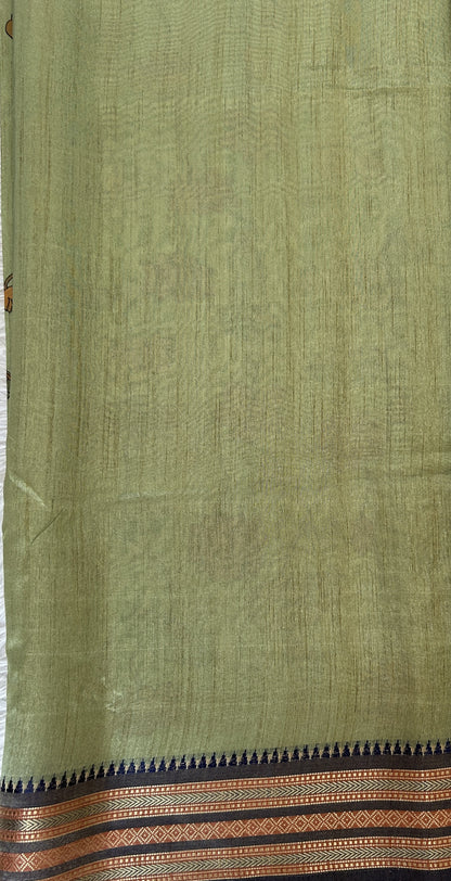Semi Tussar Saree Sea Green Color Complemented with a Ink Blue Zari Border. - Sampradaya Designer Studio