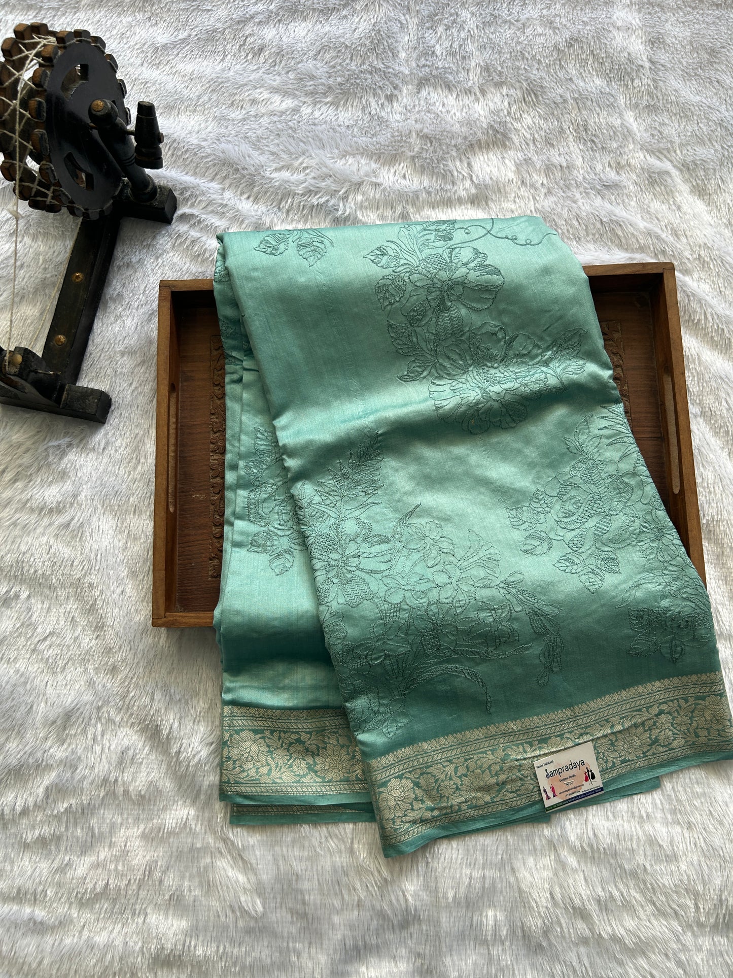 Pure Chiniya Silk Saree Ice Blue Colored Elegantly Paired with a Gold Zari Border. Purple