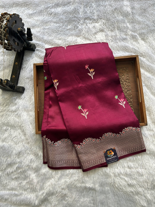 Pure Chiniya Silk Saree Wine Colored Elegantly Paired with a Gold Zari Border. Purple