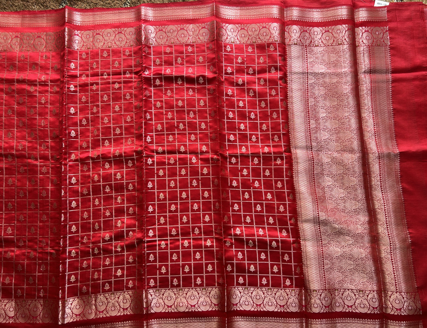 Pure Chiniya Silk Saree Red Colored Elegantly Paired with a Gold Zari Border.