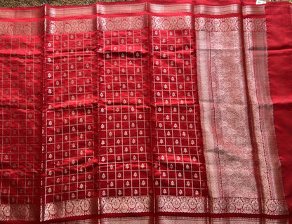 Pure Chiniya Silk Saree Red Colored Elegantly Paired with a Gold Zari Border.