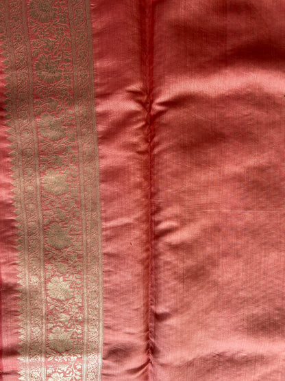 Pure Chiniya Silk Saree Onion Pink Colored Elegantly Paired with a Gold Zari Border.