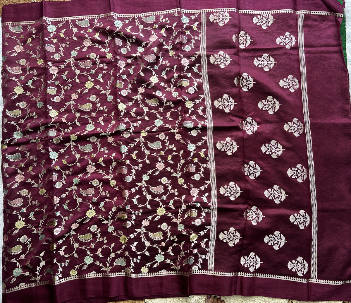 Pure Chiniya Silk Saree Mint Purple Colored Elegantly Paired with a Gold Zari Border.