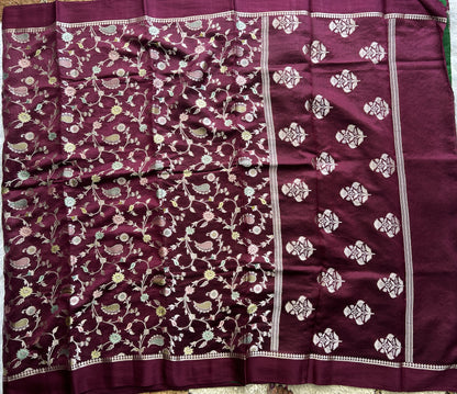 Pure Chiniya Silk Saree Mint Purple Colored Elegantly Paired with a Gold Zari Border.