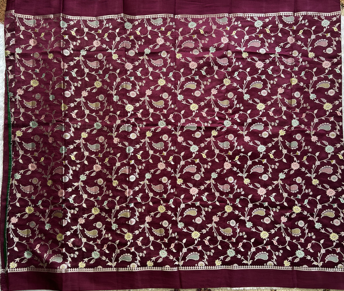 Pure Chiniya Silk Saree Mint Purple Colored Elegantly Paired with a Gold Zari Border.