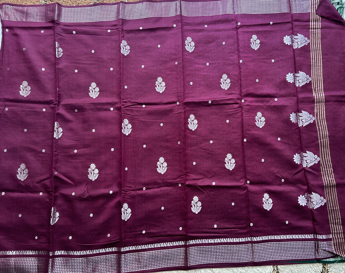 Pure Chiniya Silk Saree Wine Colored Elegantly Paired with a Gold Zari Border. Purple