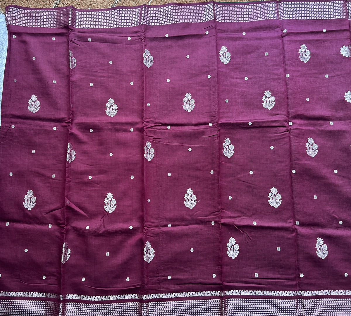 Pure Chiniya Silk Saree Wine Colored Elegantly Paired with a Gold Zari Border. Purple