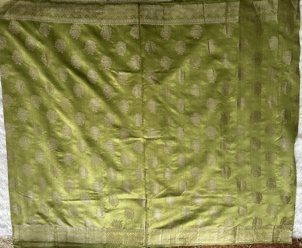 Pure Chiniya Silk Saree Mint Light Green Colored Elegantly Paired with a Gold Zari Border.