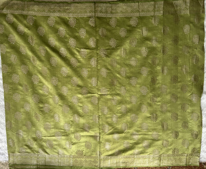 Pure Chiniya Silk Saree Mint Light Green Colored Elegantly Paired with a Gold Zari Border.