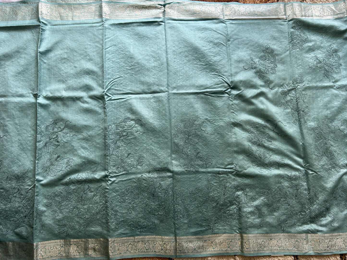 Pure Chiniya Silk Saree Ice Blue Colored Elegantly Paired with a Gold Zari Border. Purple