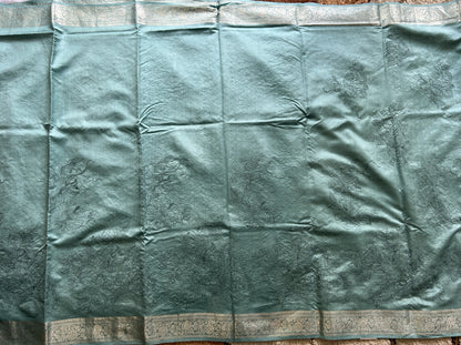 Pure Chiniya Silk Saree Ice Blue Colored Elegantly Paired with a Gold Zari Border. Purple