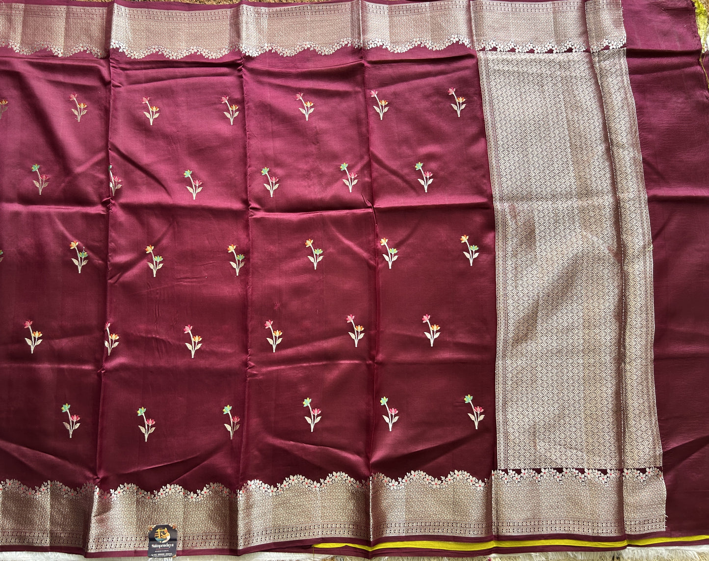 Pure Chiniya Silk Saree Wine Colored Elegantly Paired with a Gold Zari Border. Purple