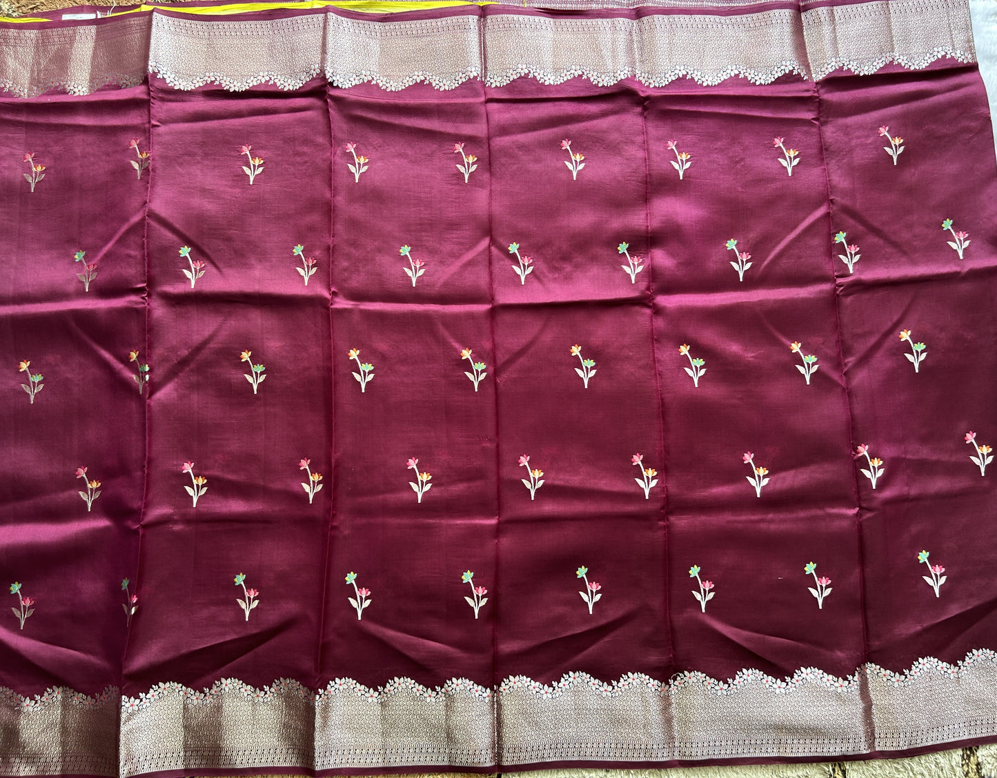 Pure Chiniya Silk Saree Wine Colored Elegantly Paired with a Gold Zari Border. Purple