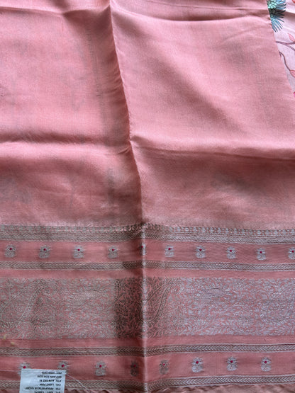 Pure Chiniya Silk Saree Peach Colored Elegantly Paired with a Gold Zari Border. Purple