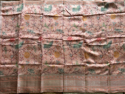 Pure Chiniya Silk Saree Peach Colored Elegantly Paired with a Gold Zari Border. Purple