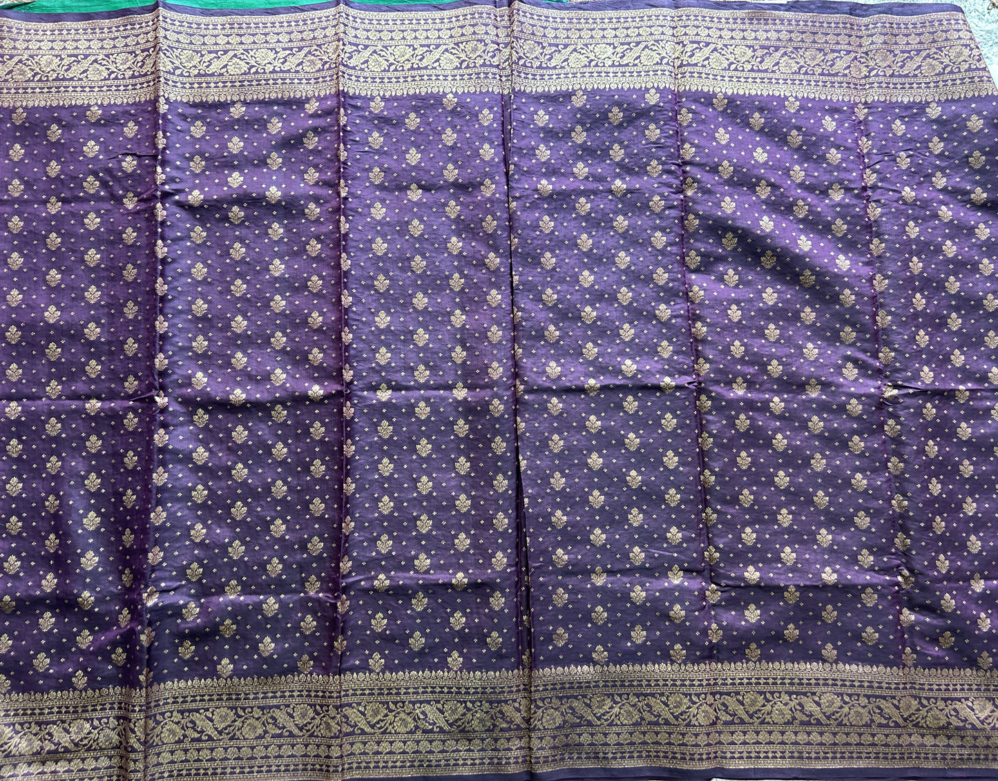 Pure Chiniya Silk Saree Wine Colored Elegantly Paired with a Gold Zari Border. Purple