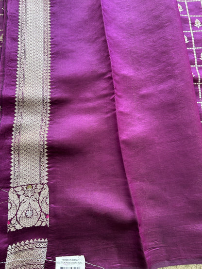 Pure Chiniya Silk Saree Violet Colored Elegantly Paired with a Gold Zari Border.