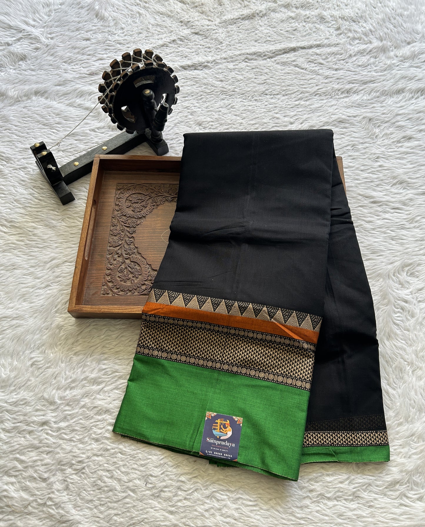 Narayanpet Cotton Saree Black Colored Complemented with a Double Thread Border. - Sampradaya Designer Studio
