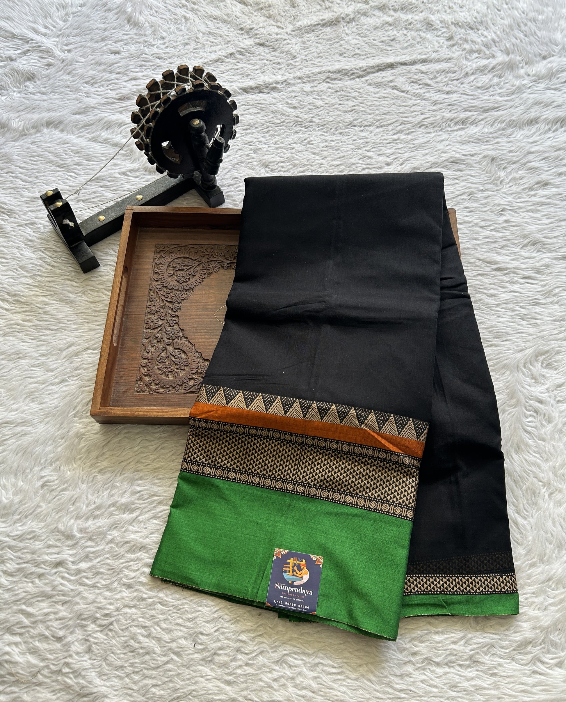 Narayanpet Cotton Saree Black Colored Complemented with a Double Thread Border. - Sampradaya Designer Studio