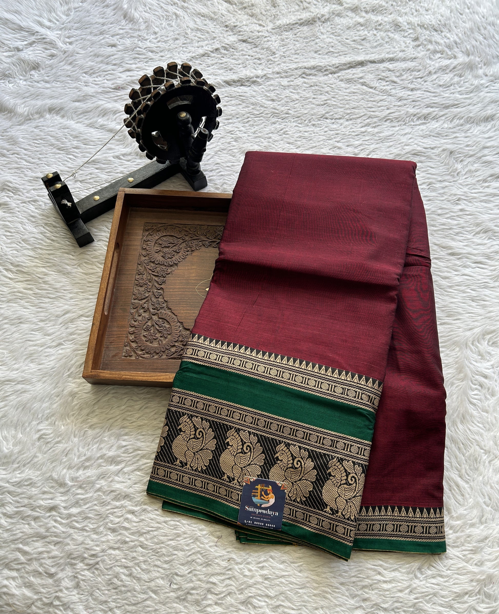 Narayanpet Cotton Saree Maroon Colored Complemented with a Peacock Border. - Sampradaya Designer Studio