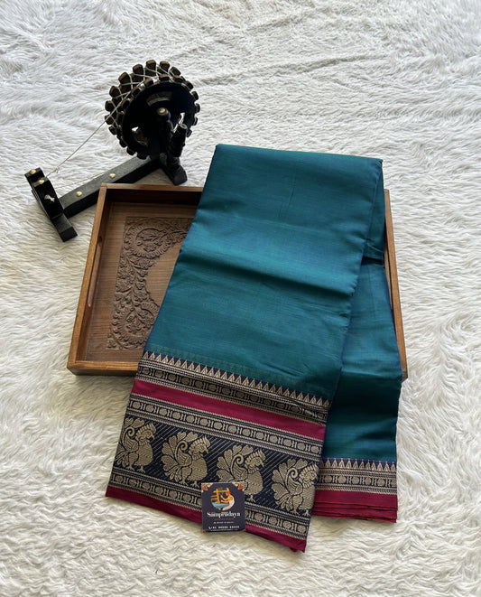 Narayanpet Cotton Saree Peacock Blue Colored Complemented with a Peacock Border. - Sampradaya Designer Studio