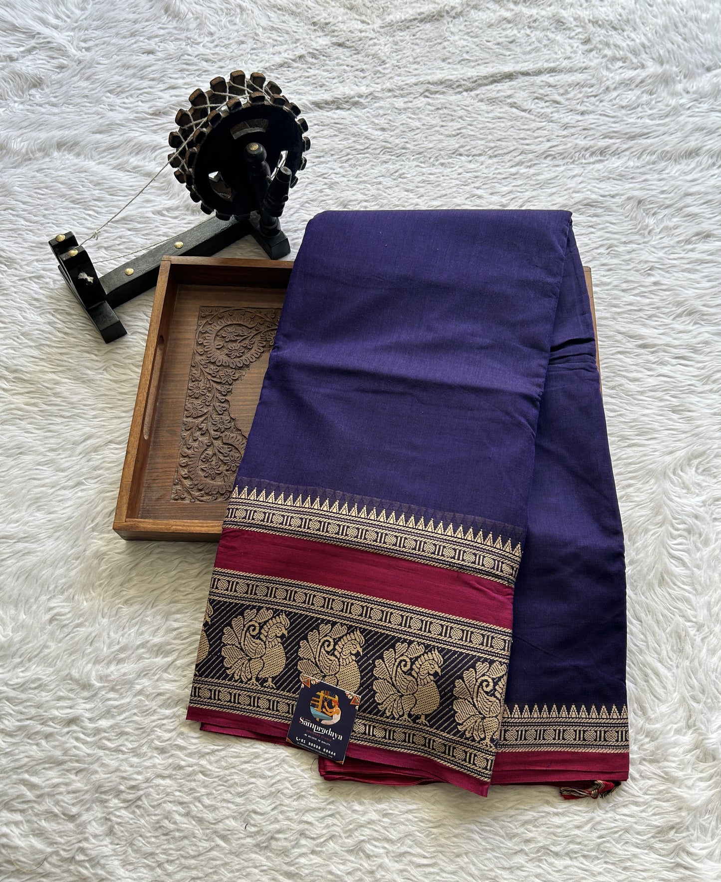 Narayanpet Cotton Saree Violet Colored Complemented with a Peacock Border. - Sampradaya Designer Studio