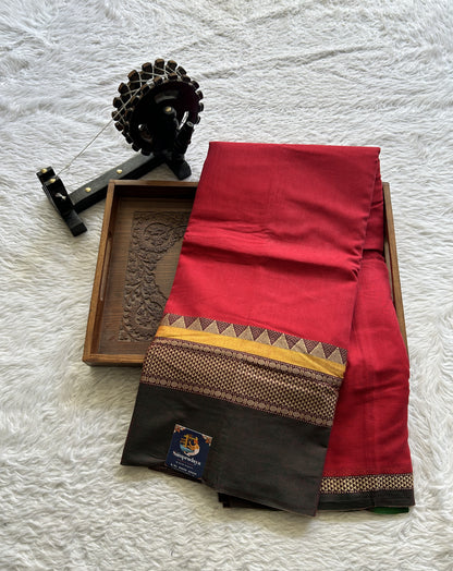Narayanpet Cotton Saree Dark Red Colored Complemented with a Double Border. - Sampradaya Designer Studio