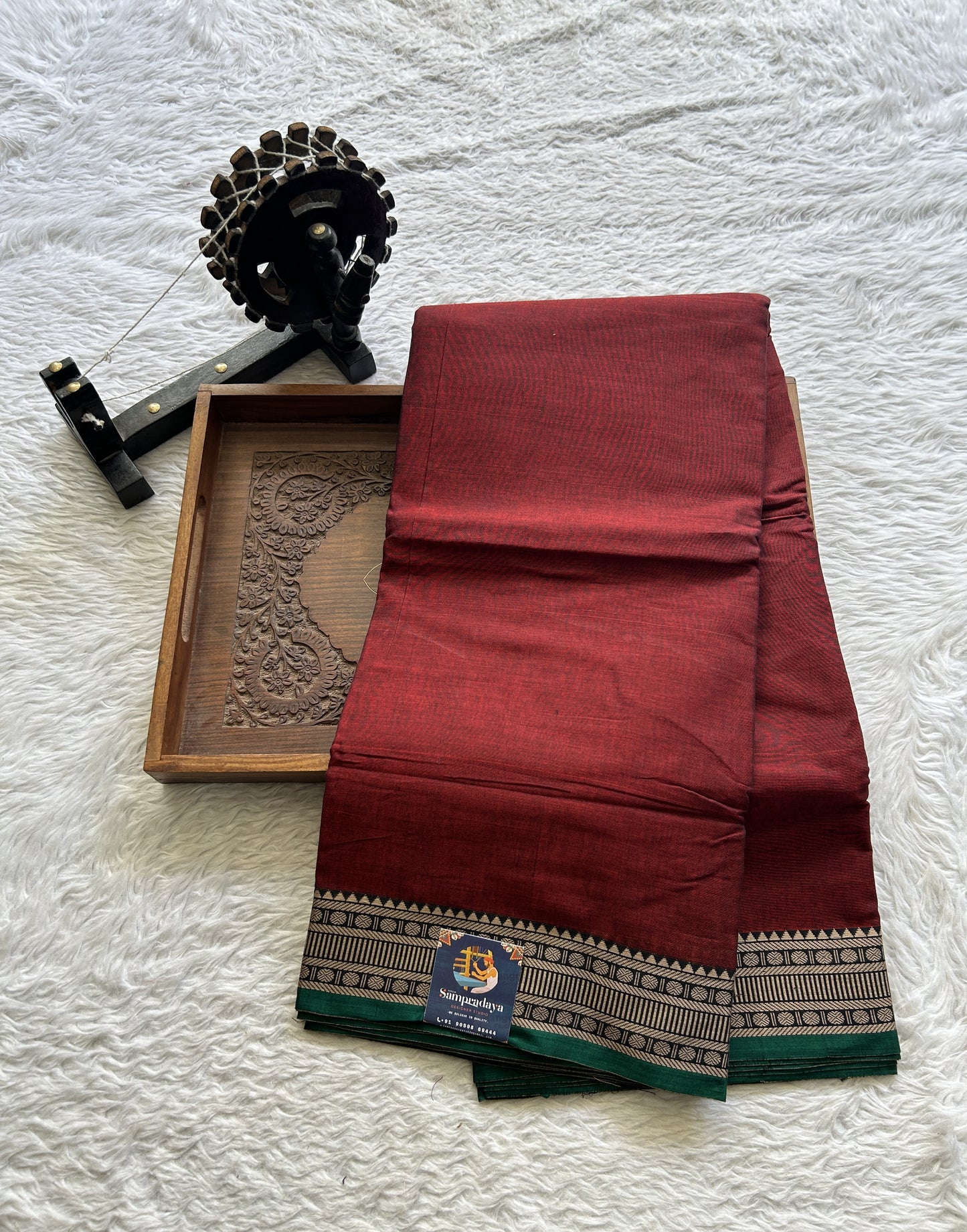 Narayanpet Cotton Saree Garnet Colored Complemented with a Thread Border. - Sampradaya Designer Studio