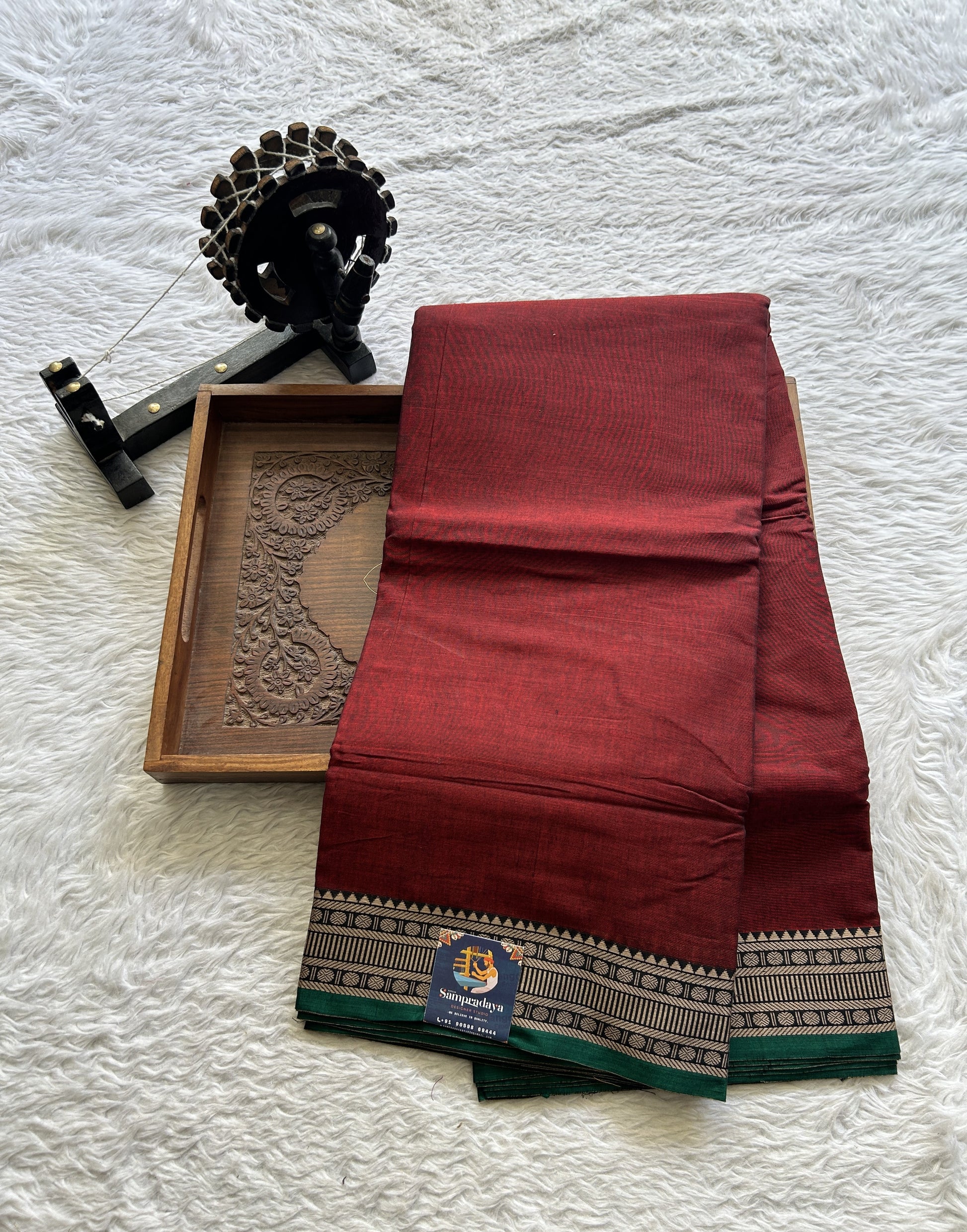 Narayanpet Cotton Saree Garnet Colored Complemented with a Thread Border. - Sampradaya Designer Studio