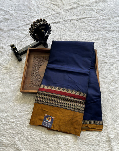 Narayanpet Cotton Saree Ink Blue Colored Complemented with a Double Thread Border. - Sampradaya Designer Studio