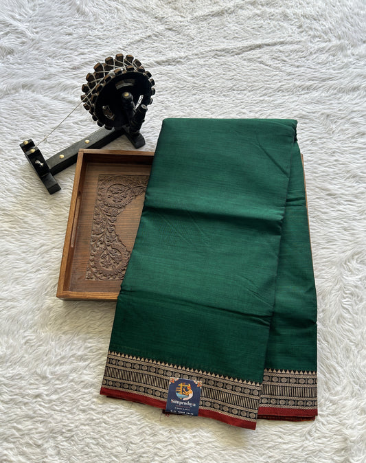 Narayanpet Cotton Saree Forest Green Colored Complemented with a Thread Border. - Sampradaya Designer Studio