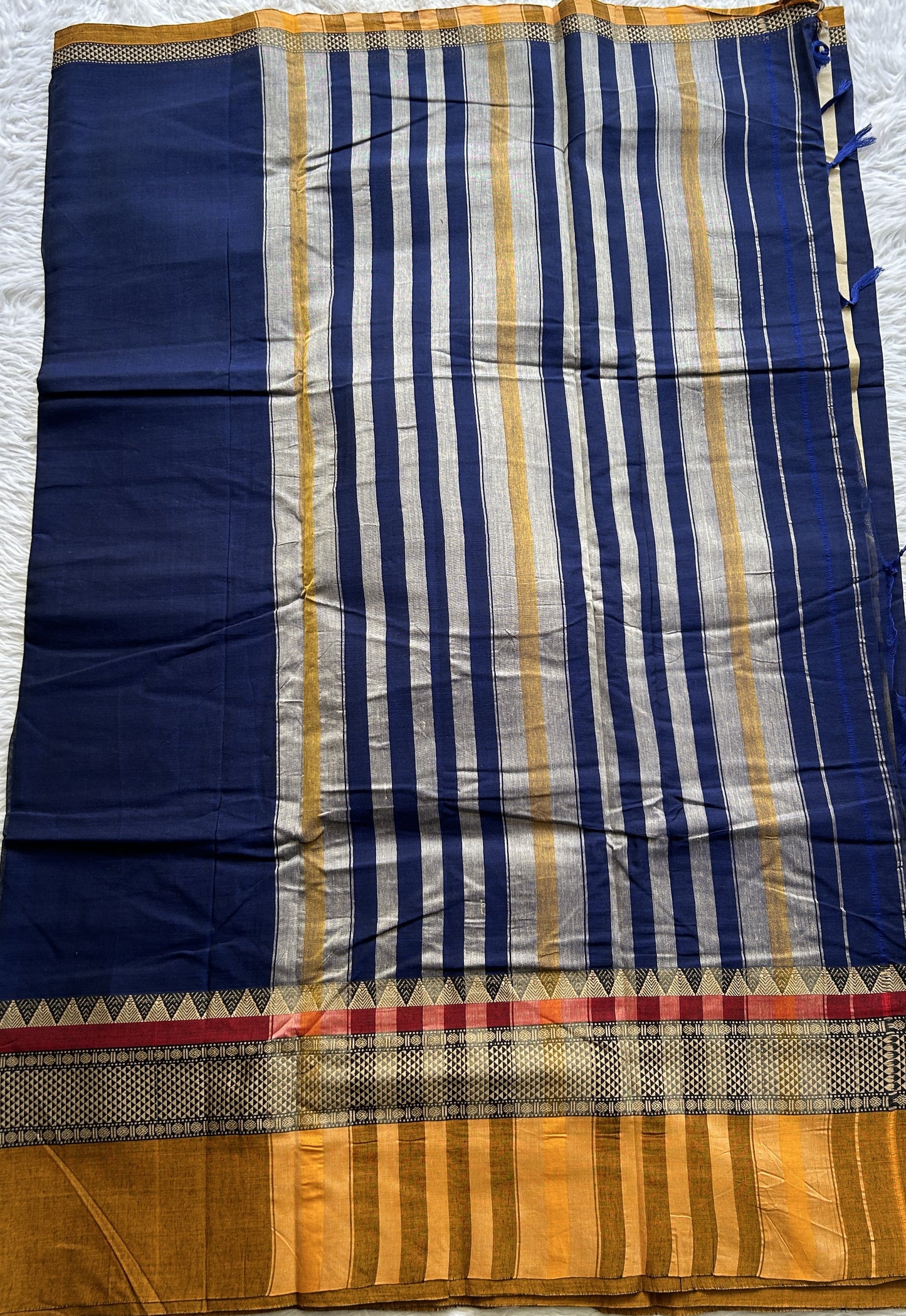 Narayanpet Cotton Saree Ink Blue Colored Complemented with a Double Thread Border. - Sampradaya Designer Studio