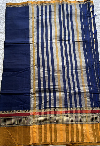 Narayanpet Cotton Saree Ink Blue Colored Complemented with a Double Thread Border. - Sampradaya Designer Studio