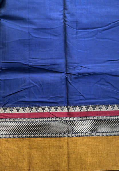 Narayanpet Cotton Saree Ink Blue Colored Complemented with a Double Thread Border. - Sampradaya Designer Studio