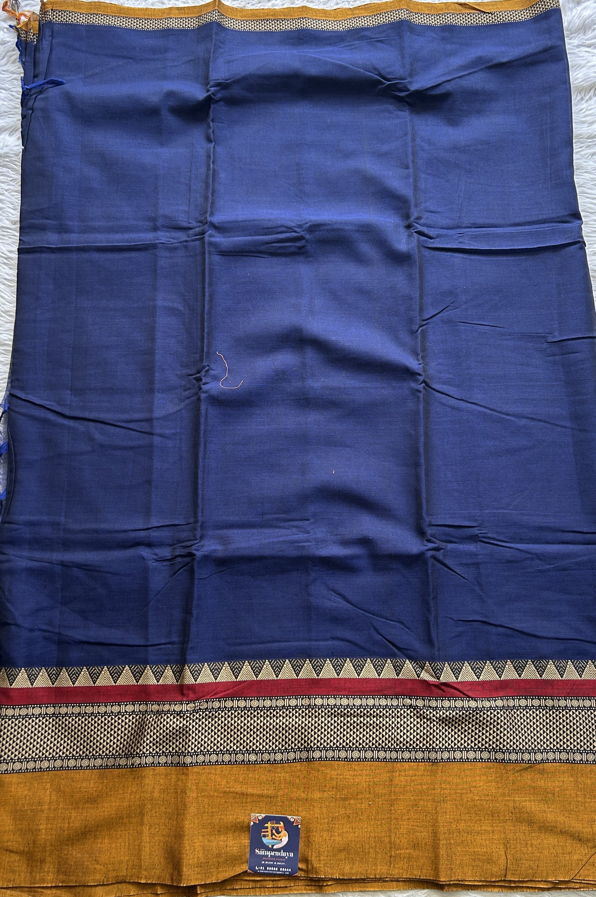 Narayanpet Cotton Saree Ink Blue Colored Complemented with a Double Thread Border. - Sampradaya Designer Studio