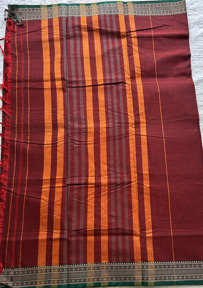 Narayanpet Cotton Saree Garnet Colored Complemented with a Thread Border. - Sampradaya Designer Studio