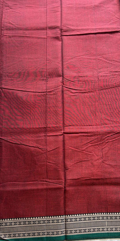 Narayanpet Cotton Saree Garnet Colored Complemented with a Thread Border. - Sampradaya Designer Studio