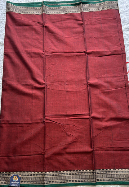 Narayanpet Cotton Saree Garnet Colored Complemented with a Thread Border. - Sampradaya Designer Studio