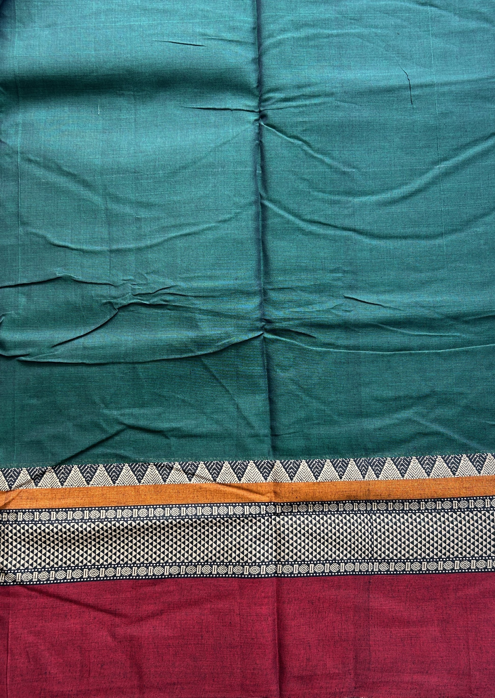 Narayanpet Cotton Saree Dark Green Colored Complemented with a Double Border. - Sampradaya Designer Studio