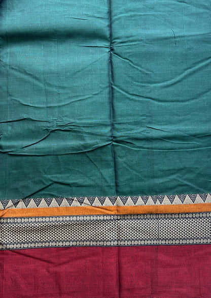 Narayanpet Cotton Saree Dark Green Colored Complemented with a Double Border. - Sampradaya Designer Studio