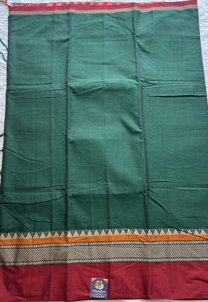 Narayanpet Cotton Saree Dark Green Colored Complemented with a Double Border. - Sampradaya Designer Studio