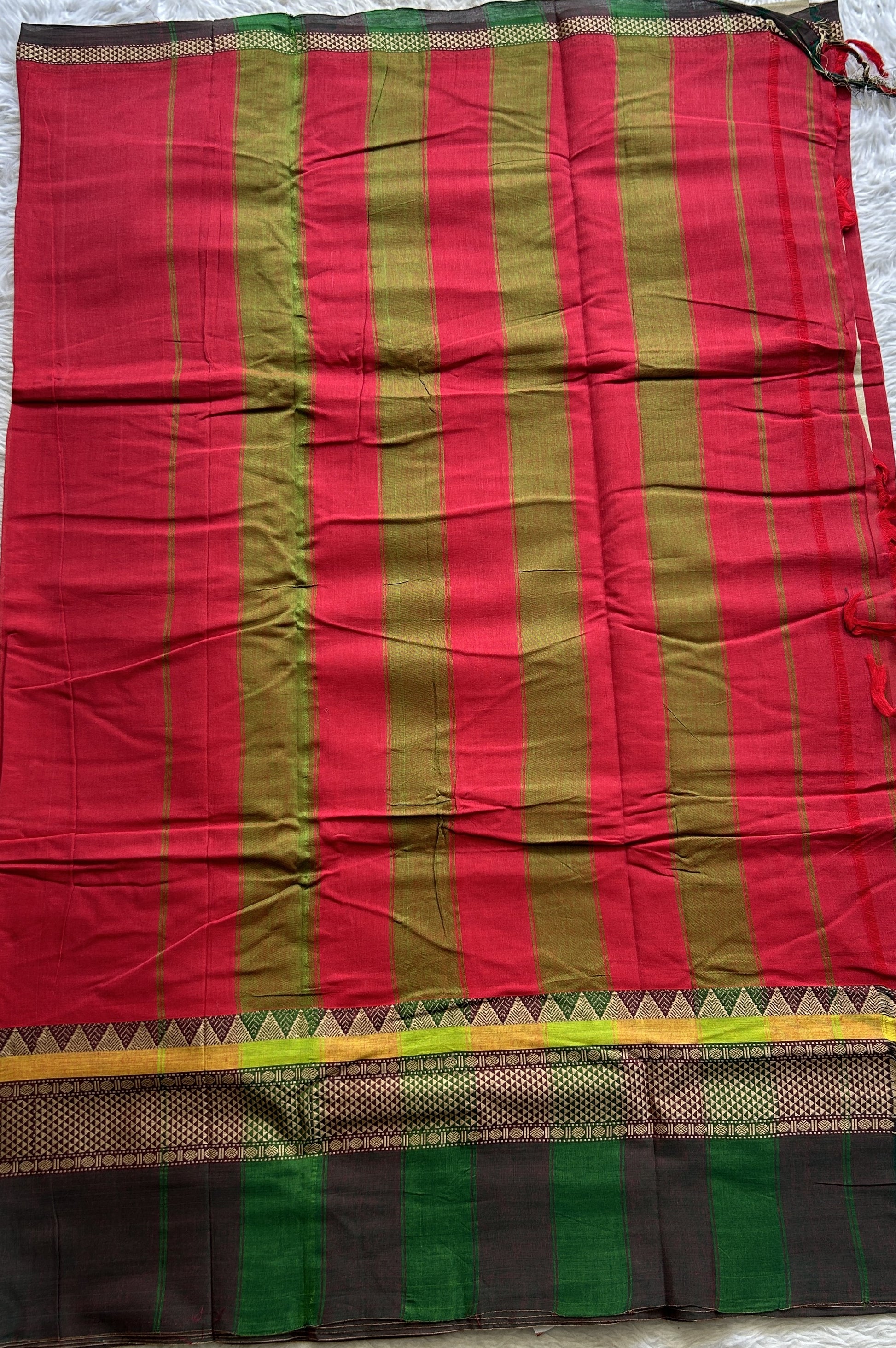 Narayanpet Cotton Saree Dark Red Colored Complemented with a Double Border. - Sampradaya Designer Studio