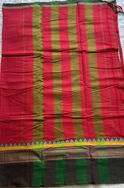 Narayanpet Cotton Saree Dark Red Colored Complemented with a Double Border. - Sampradaya Designer Studio