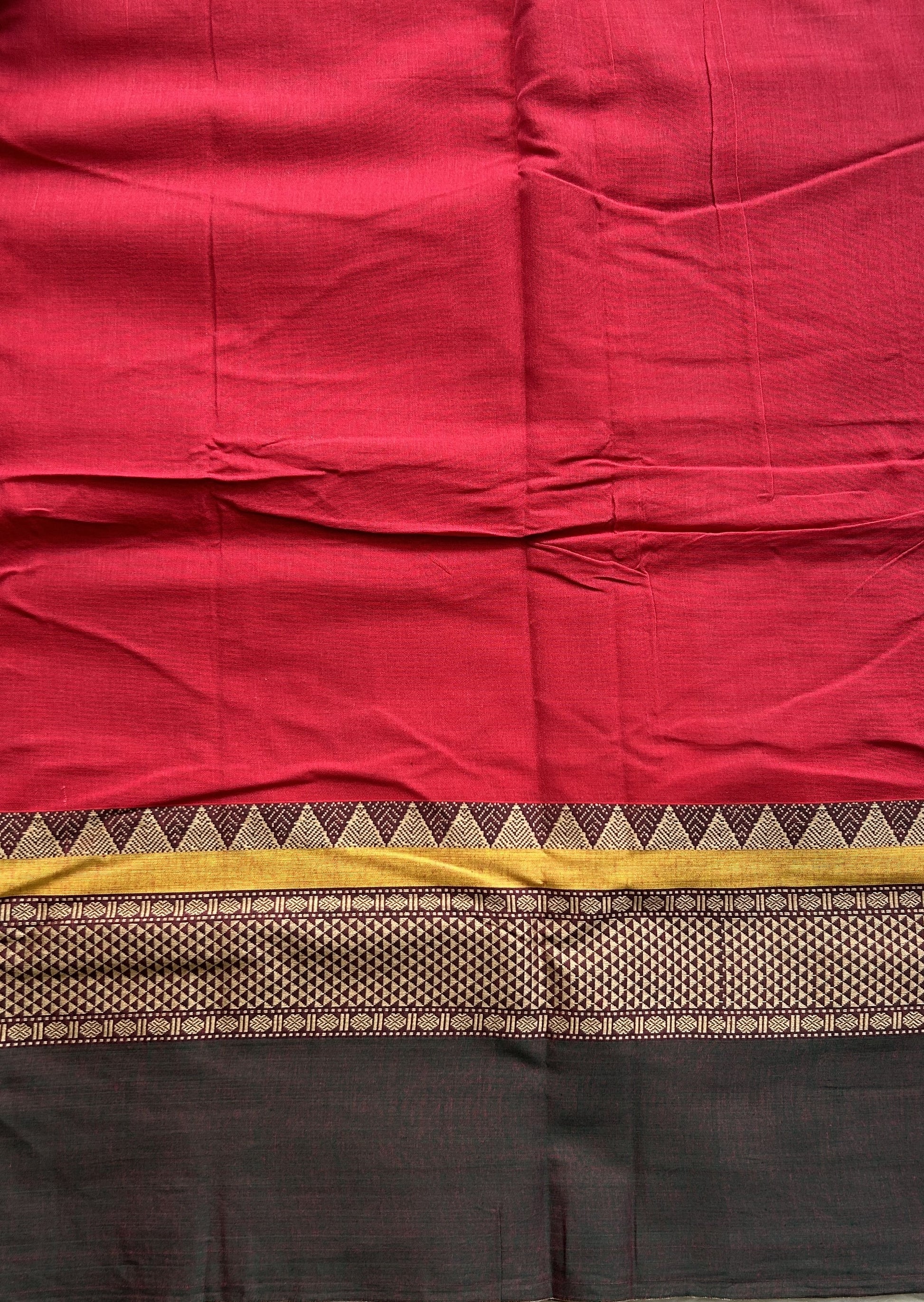 Narayanpet Cotton Saree Dark Red Colored Complemented with a Double Border. - Sampradaya Designer Studio