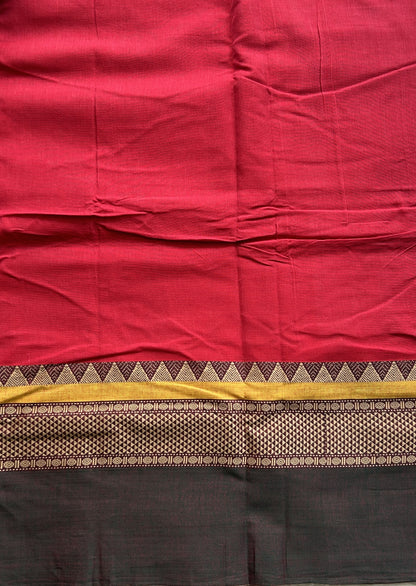 Narayanpet Cotton Saree Dark Red Colored Complemented with a Double Border. - Sampradaya Designer Studio