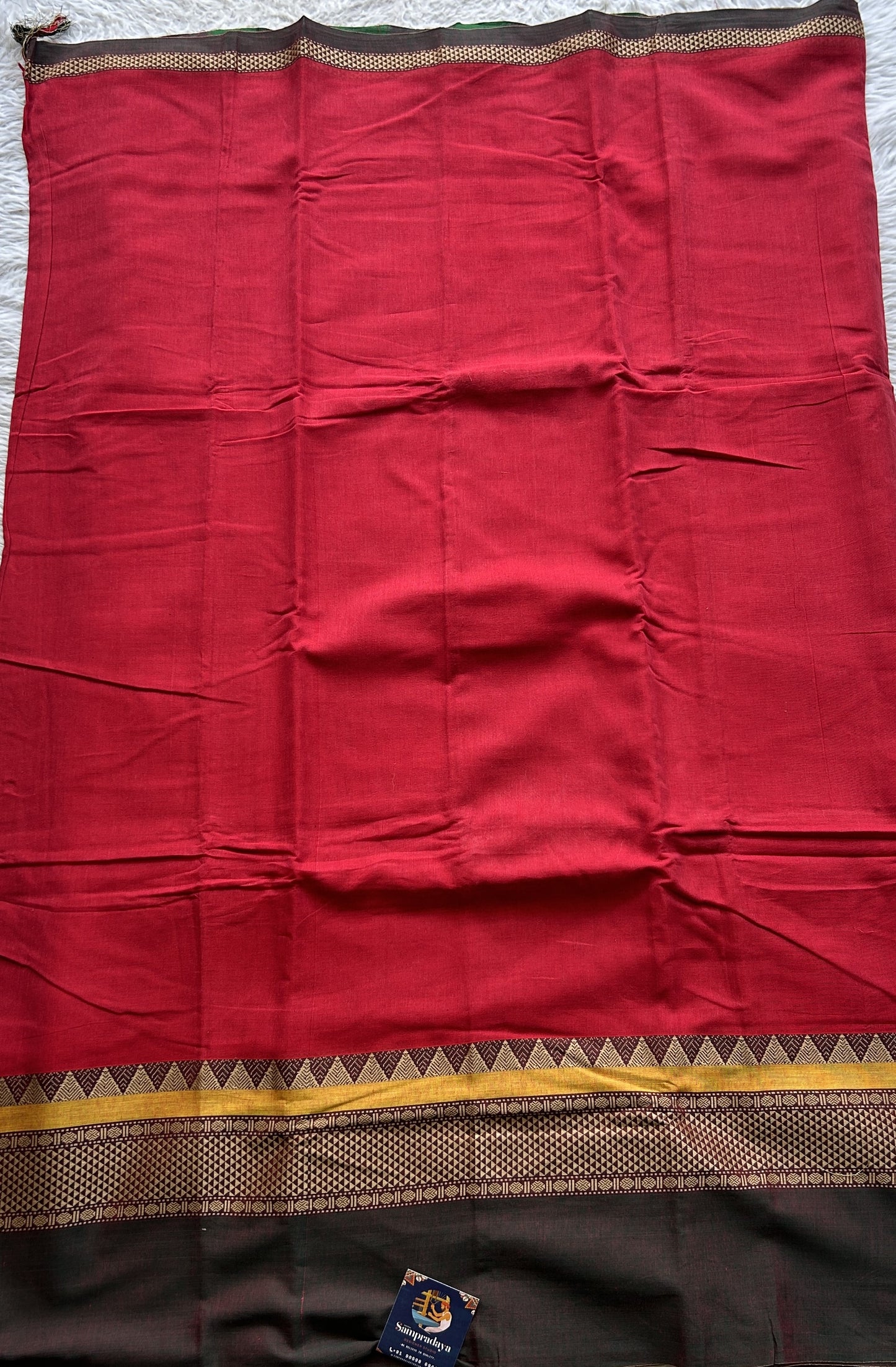 Narayanpet Cotton Saree Dark Red Colored Complemented with a Double Border. - Sampradaya Designer Studio